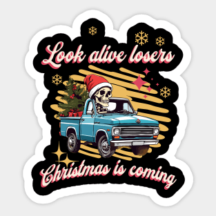 Funny Christmas Skeleton Wearing Santa Hat, Pickup Truck with Tree Sticker